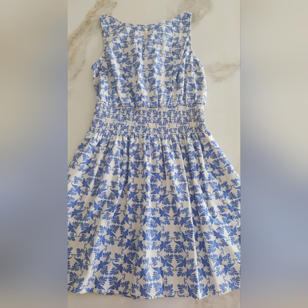 Floral Blue and White Sleeveless Dress In A Linen Look! - Picture 6 of 6